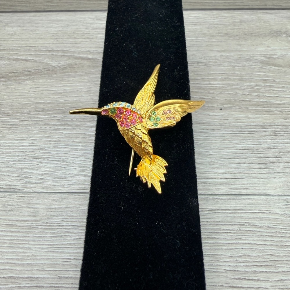 Gold Tone Hummingbird Brooch with Multicolor Accents
